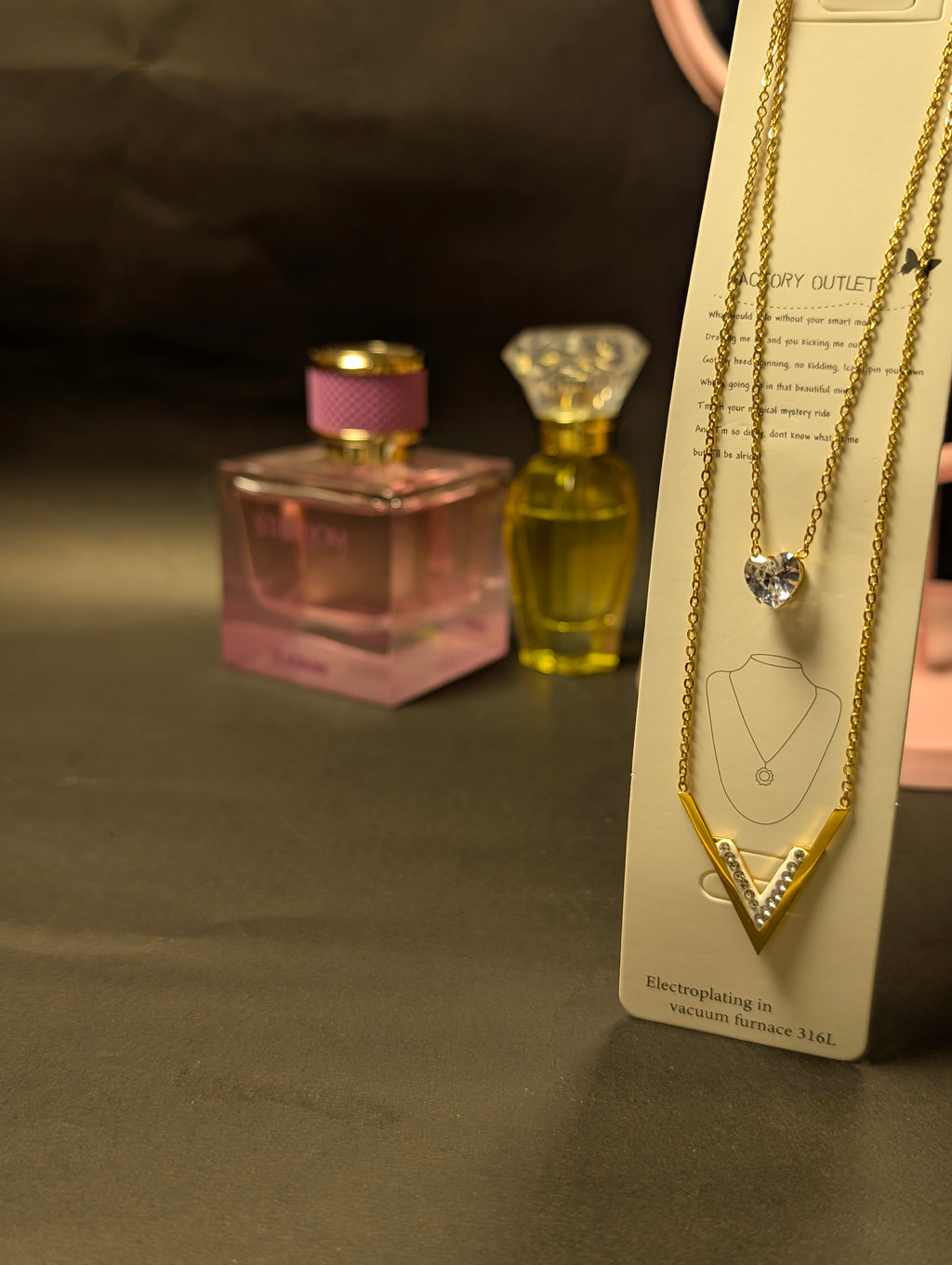 Double-Layer V & Crystal Heart Pendant Necklace