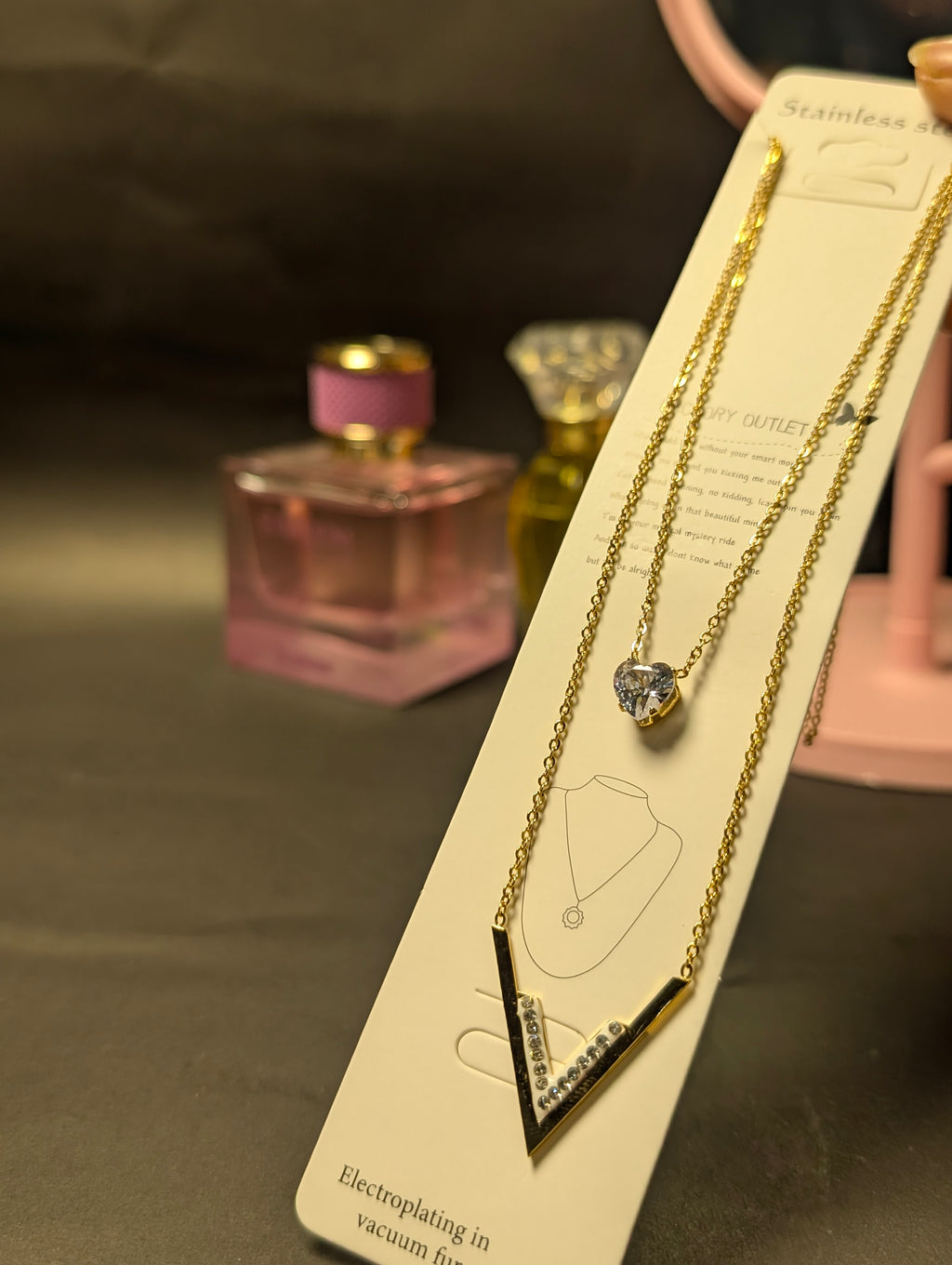 Double-Layer V & Crystal Heart Pendant Necklace