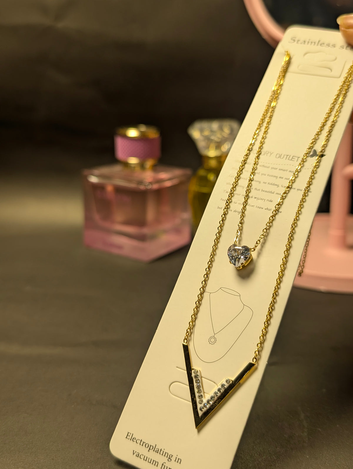 Double-Layer V & Crystal Heart Pendant Necklace