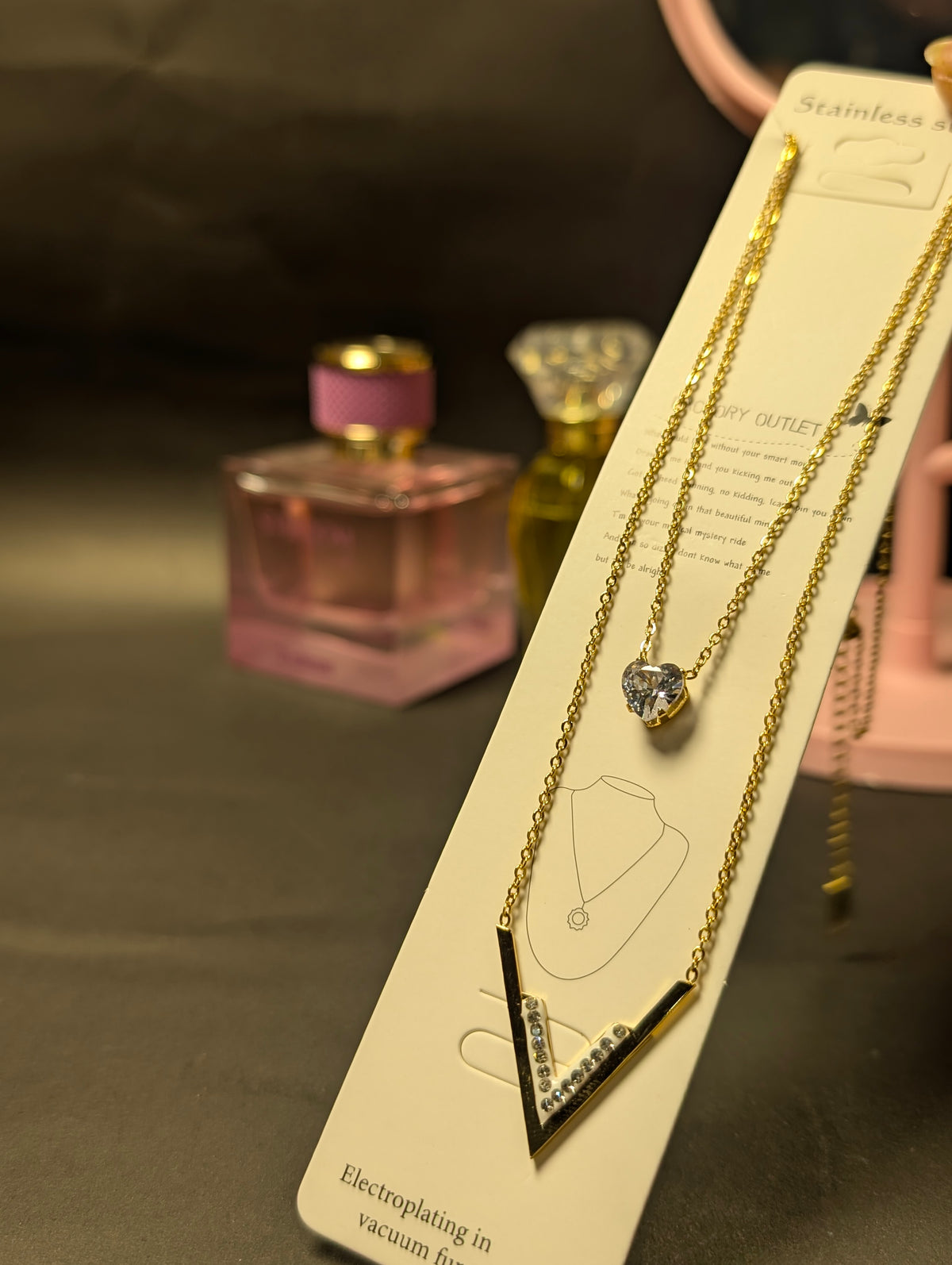 Double-Layer V & Crystal Heart Pendant Necklace