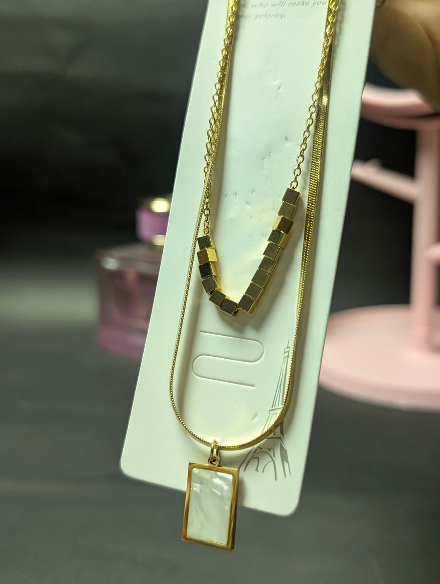 Double Layer Geometric Cube and Rectangle Pendant Necklace