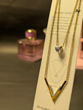 Double-Layer V & Crystal Heart Pendant Necklace