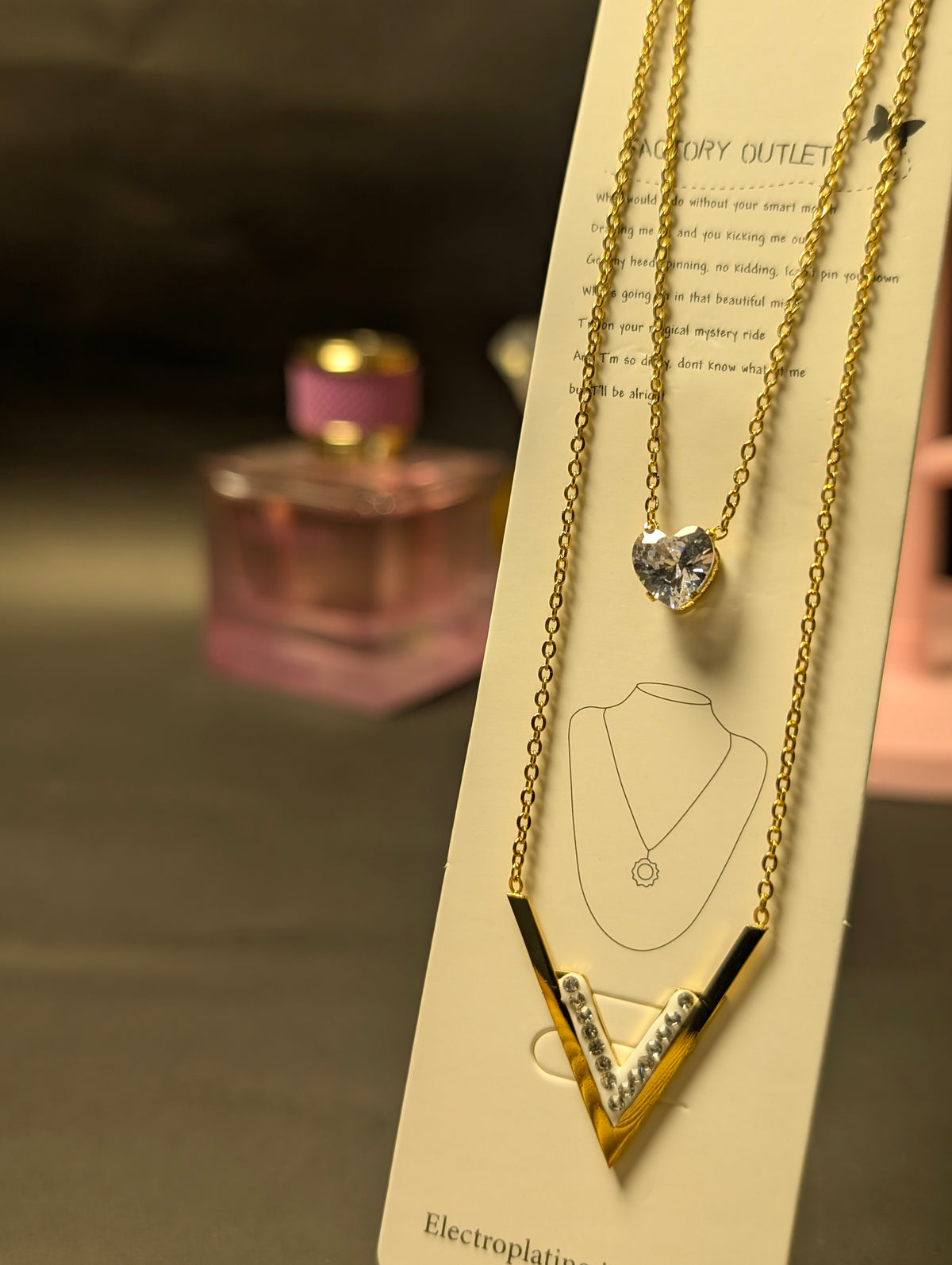 Double-Layer V & Crystal Heart Pendant Necklace